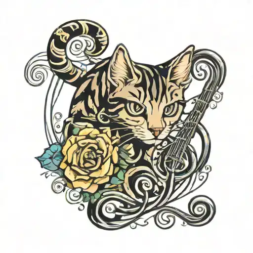 treble clef in the form of a cat, head on the left, key foot, cat paw tattoo design idea