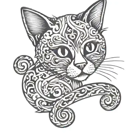 Create a color tattoo in a laconic style: a cat organically inscribed in the shape of a treble clef. tattoo design idea