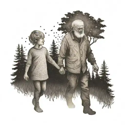 A dotwork tattoo of a grandfather and grandchild holding hands, walking through a forest together, representing the bond and memories shared in nature tattoo design idea