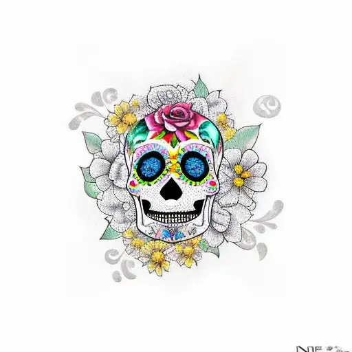 realistic sugar skull surrounded by varieties of colorful flowers tattoo design idea