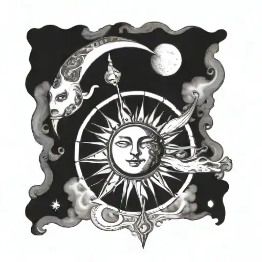 A celestial being welding the sun and moon together tattoo design idea