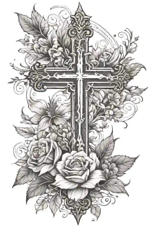 A beautiful floral arrangement with a subtle cross motif, blending your faith in the lord with your passion for nature tattoo design idea