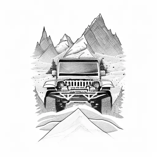 A fierce blackwork tattoo of a Jeep conquering a rugged mountain terrain tattoo design idea