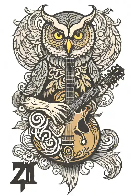 guitar intertwined, owl, letters z, letter m, letter f, lettern tattoo design idea