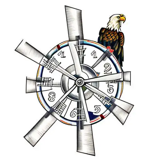 dutch windmill with bald eagle and clock polonesian tribal tattoo design idea