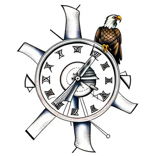 dutch windmill with bald eagle and clock tattoo design idea