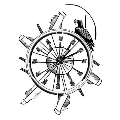 dutch windmill with bald eagle and clock tattoo design idea