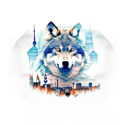 Wolf over Berlin skyline hood tattoo design idea