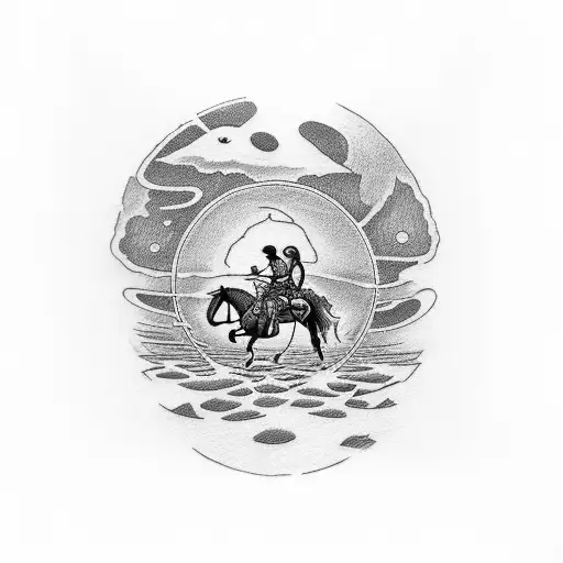 Banded tatoo on the arm with red orange hues and a cowboy riding a horse in the middle tattoo design idea