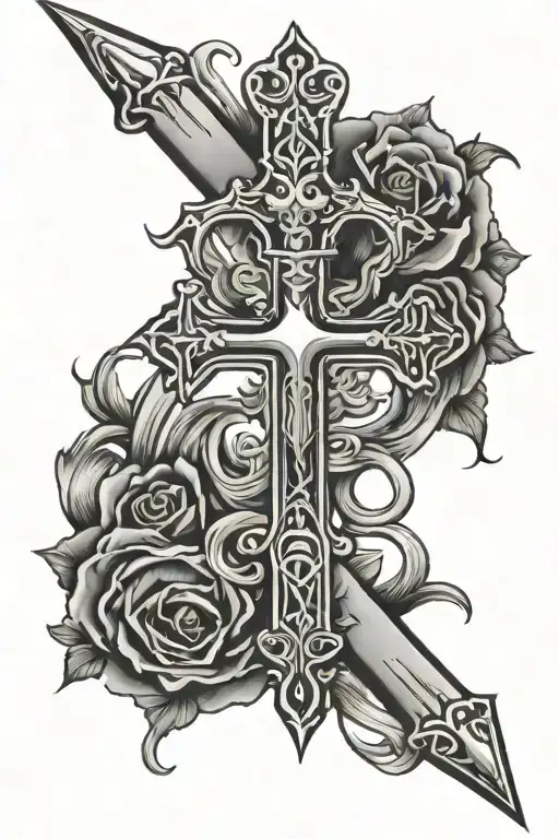 christian cross dagger piercing tattoo design idea