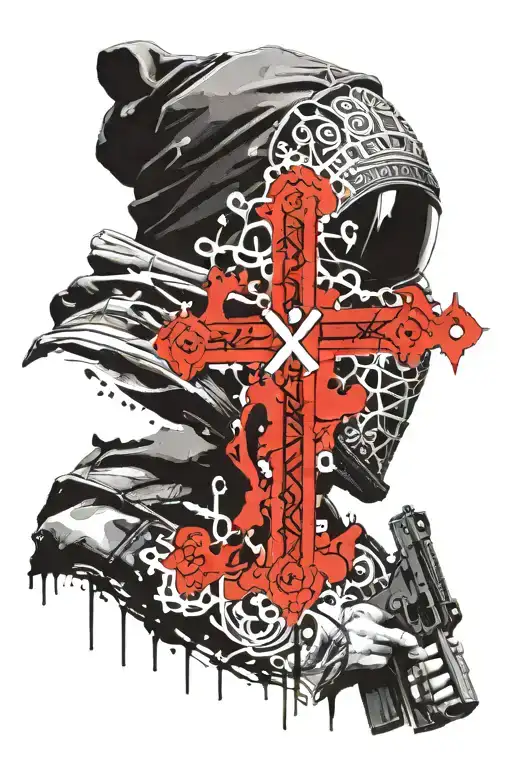 guy with balaclava and a gun praying to God surrounded by orthodox crosses tattoo design idea