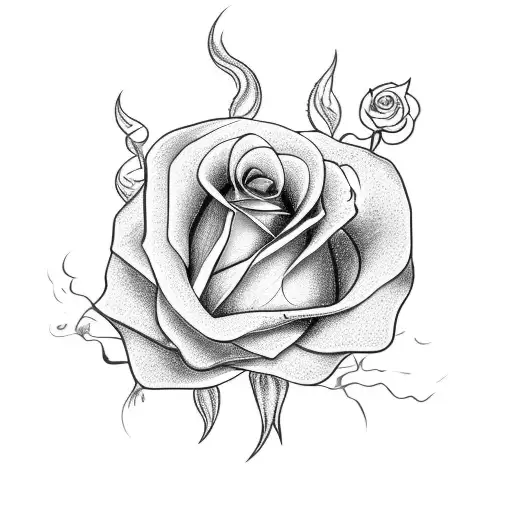 long stemed rose with fire emoji on a leaf tattoo design idea