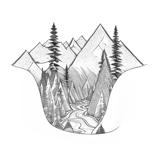 Campsite with a snow capped mountain in the back with a small stream flowing down and the mikky way galaxy as backdrop tattoo design idea
