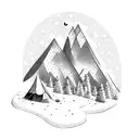 Campsite with a snow capped mountain in the back with a small stream flowing down and the mikky way galaxy as backdrop tattoo design idea
