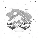 Campsite with a snow capped mountain in the back with a small stream flowing down and the mikky way galaxy as backdrop tattoo design idea