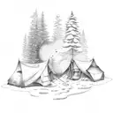 Campsite with a snow capped mountain in the back with a small stream flowing down and the mikky way galaxy as backdrop tattoo design idea