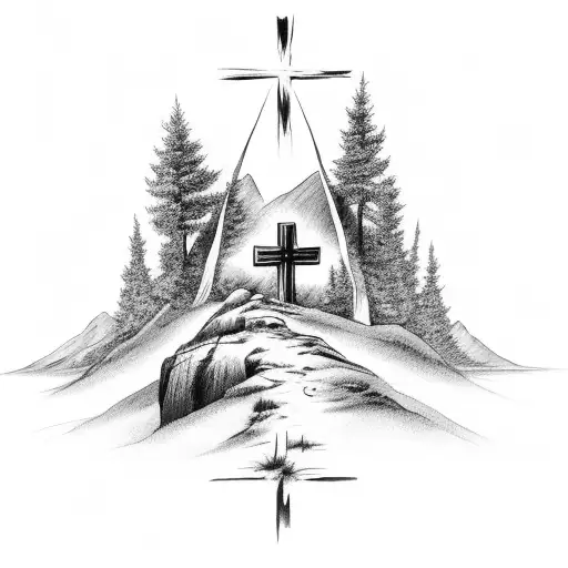 3 crosses on a hill with sunset tattoo design idea