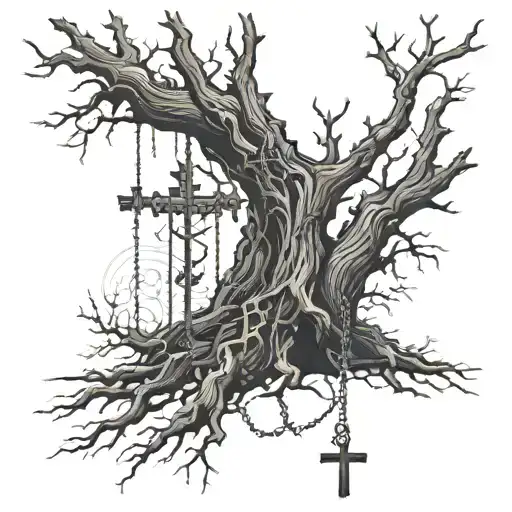 dead tree with crosses hanging from chains tattoo design idea