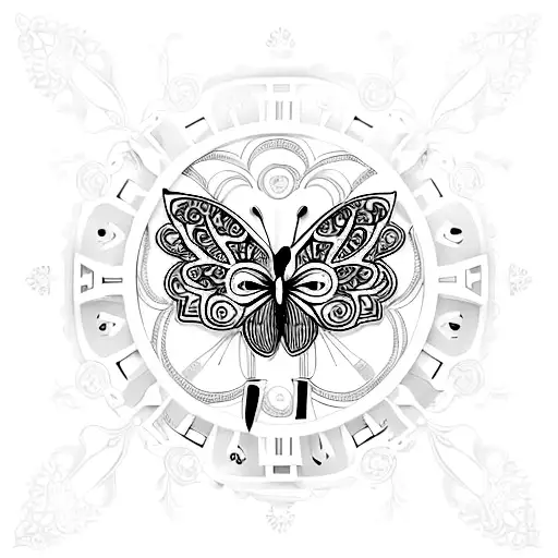 An elegant black and white clock with intricate butterfly patterns tattoo design idea