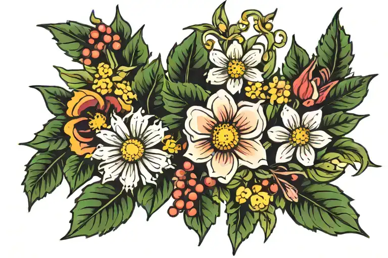 holly flower daisy jonquil and primrose flower intertwined tattoo design idea