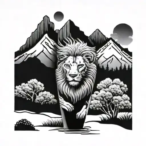 lion , rose, hills and mountains and trees for half sleve tattoo at forearm with proper shading and looks 3d tattoo design idea