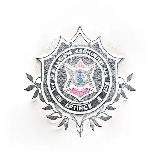 A new-school style tattoo of a police badge with Japanese cherry blossoms surrounding it tattoo design idea