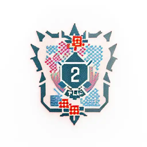 A new-school style tattoo of a pixelated police badge with Japanese cherry blossoms surrounding it tattoo design idea