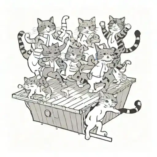 A new-school design of a gang of cats breakdancing on a ship deck tattoo design idea