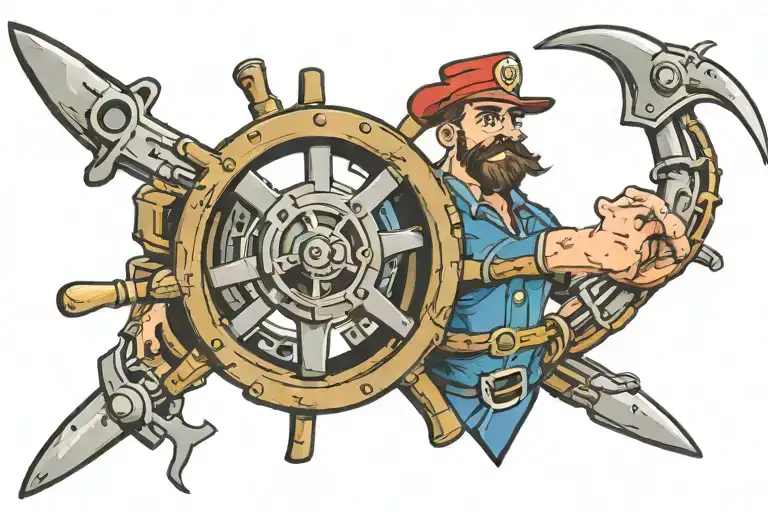 ship propeller with the man from Fallout engineer holding spanner  tattoo design idea