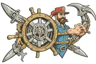 ship propeller with the man from Fallout engineer holding spanner  tattoo design idea