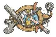 ship propeller with the man from Fallout engineer holding spanner  tattoo design idea
