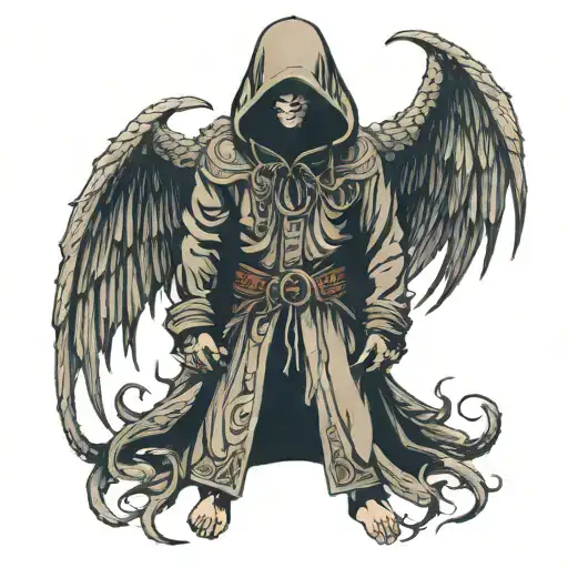 hooded man with dragon wings. each wing holds a baby tattoo design idea