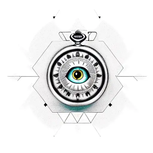 a pocket Watch with the all seing eye in the middle, surrounded by a pyramide and sunbeam tattoo design idea