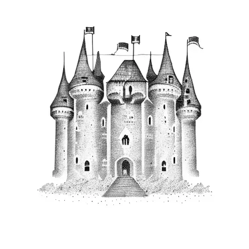 A dotwork tattoo of a medieval castle surrounded by a musical staff tattoo design idea