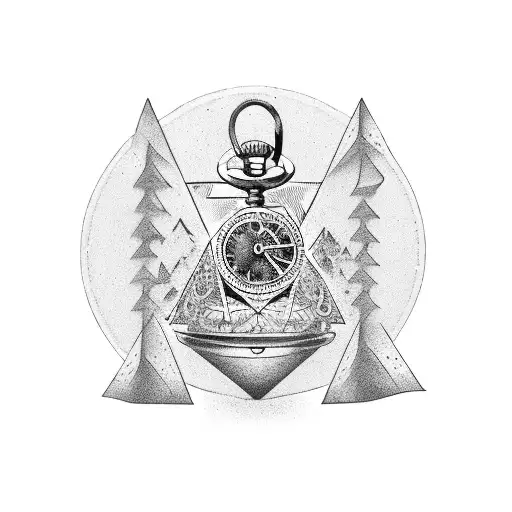 a pocket Watch with the all seing eye in the middle hanging on a pyramide and surrounded by sunbeams tattoo design idea