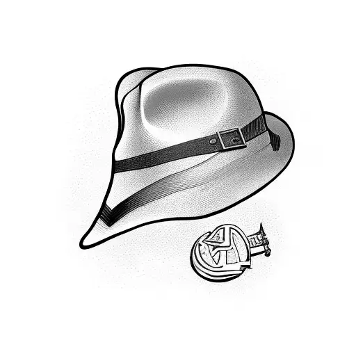 A blackwork tattoo of Indiana Jones' iconic fedora hat surrounded by ancient artifacts, paying homage to the client's love for adventure and archaeology tattoo design idea