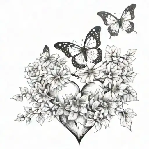 butterflies and flowers growing out of top of realistic heart tattoo design idea