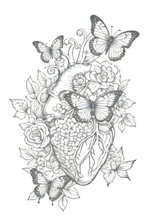 realistic heart with butterflies and flowers growing tattoo design idea