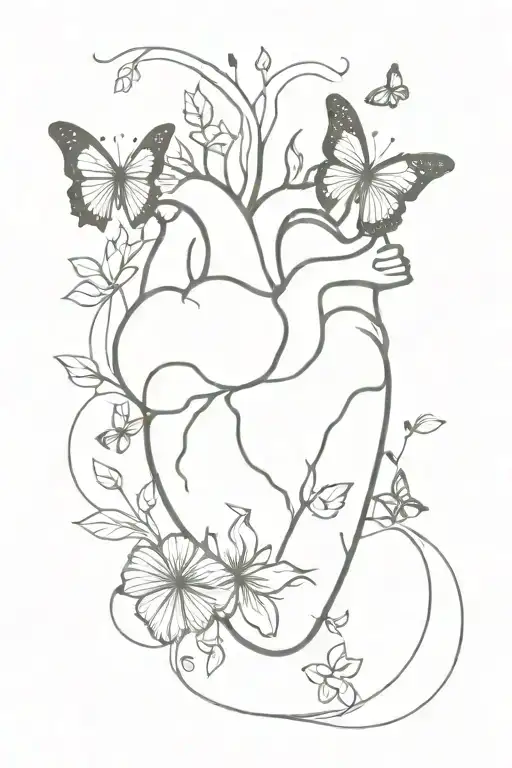 realistic heart with butterflies and flowers growing tattoo design idea