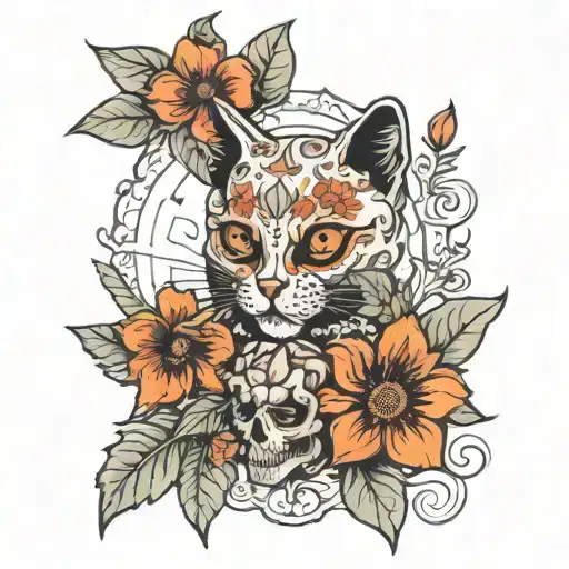 cat and great date skull with red orange sunflowers and hibiscus flowers   tattoo design idea