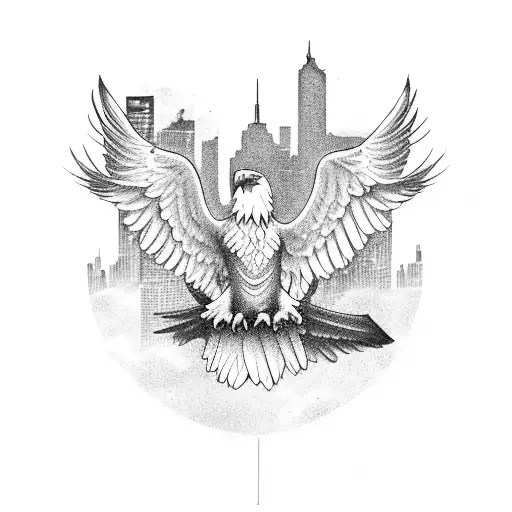 A majestic eagle with spread wings soaring over a city skyline tattoo design idea