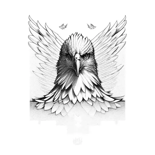 A majestic eagle with spread wings soaring over a city skyline tattoo design idea