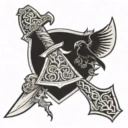viking axe and odin's crows  tattoo design idea