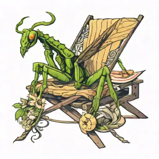praying mantis on a beach lounge chair  tattoo design idea