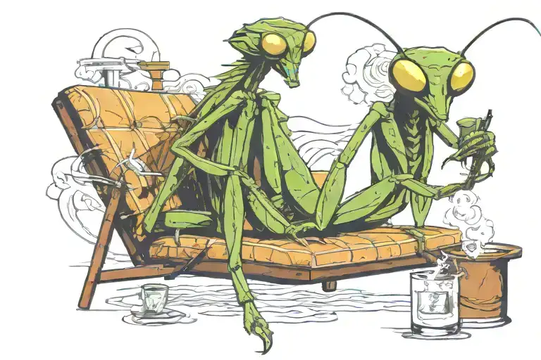 praying mantis smoking a cigarette and getting drunk on a beach lounge chair tattoo design idea