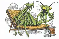 praying mantis smoking a cigarette and getting drunk on a beach lounge chair tattoo design idea