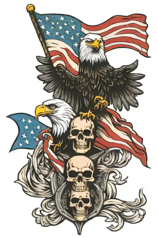 scull and bald eagle with an American flag waving black and white tattoo design idea