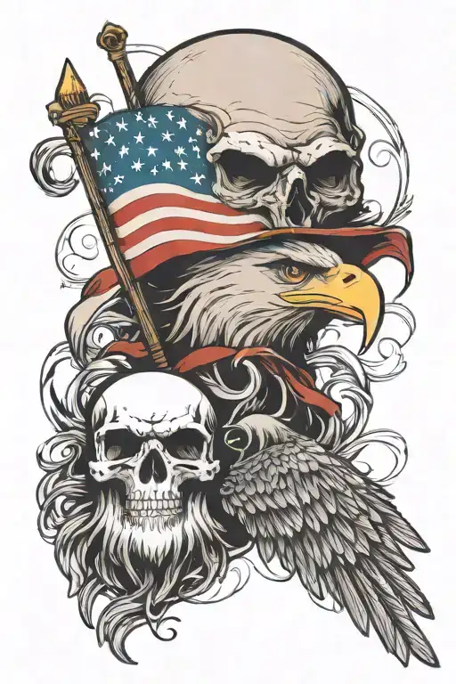 scull and bald eagle with an American flag waving black and white tattoo design idea