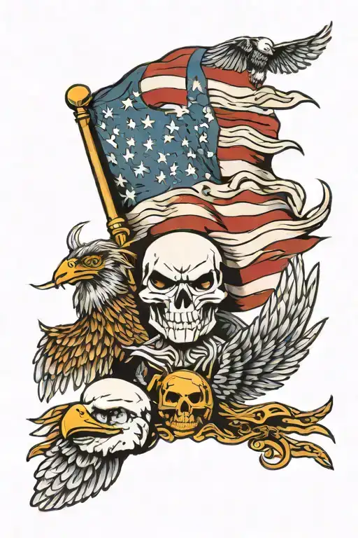 scull and bald eagle with an American flag waving tattoo design idea