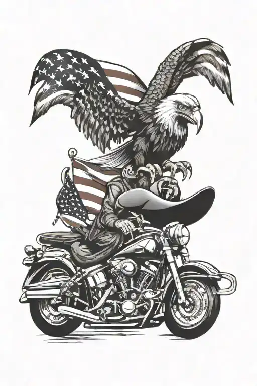 bearded scull with eagle soaring and Harley motorcycle and American flag tattoo design idea